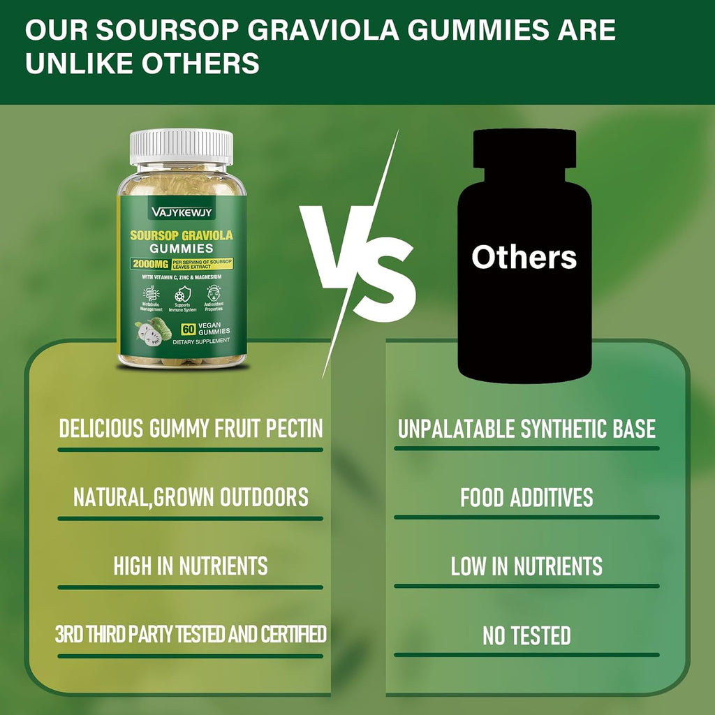 Gominolas de Graviola Soursop - 2000mg Extracto de Hojas, Vitamina C, Zinc - 60 Gominolas Veganas