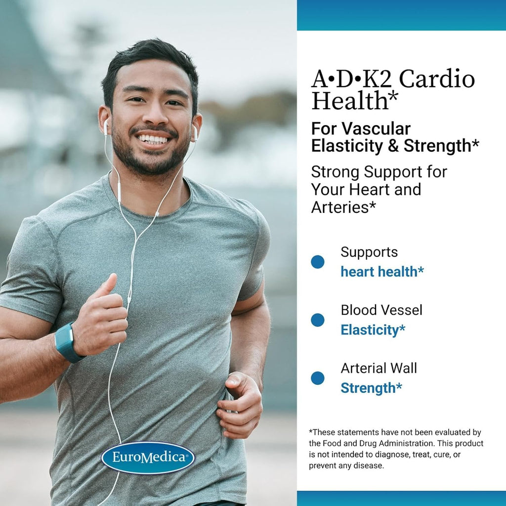 EuroMedica A•D•K2 Cardio Health – Suplemento Cardiovascular con Vitaminas A, D3 y K2 – 60 Cápsulas Blandas