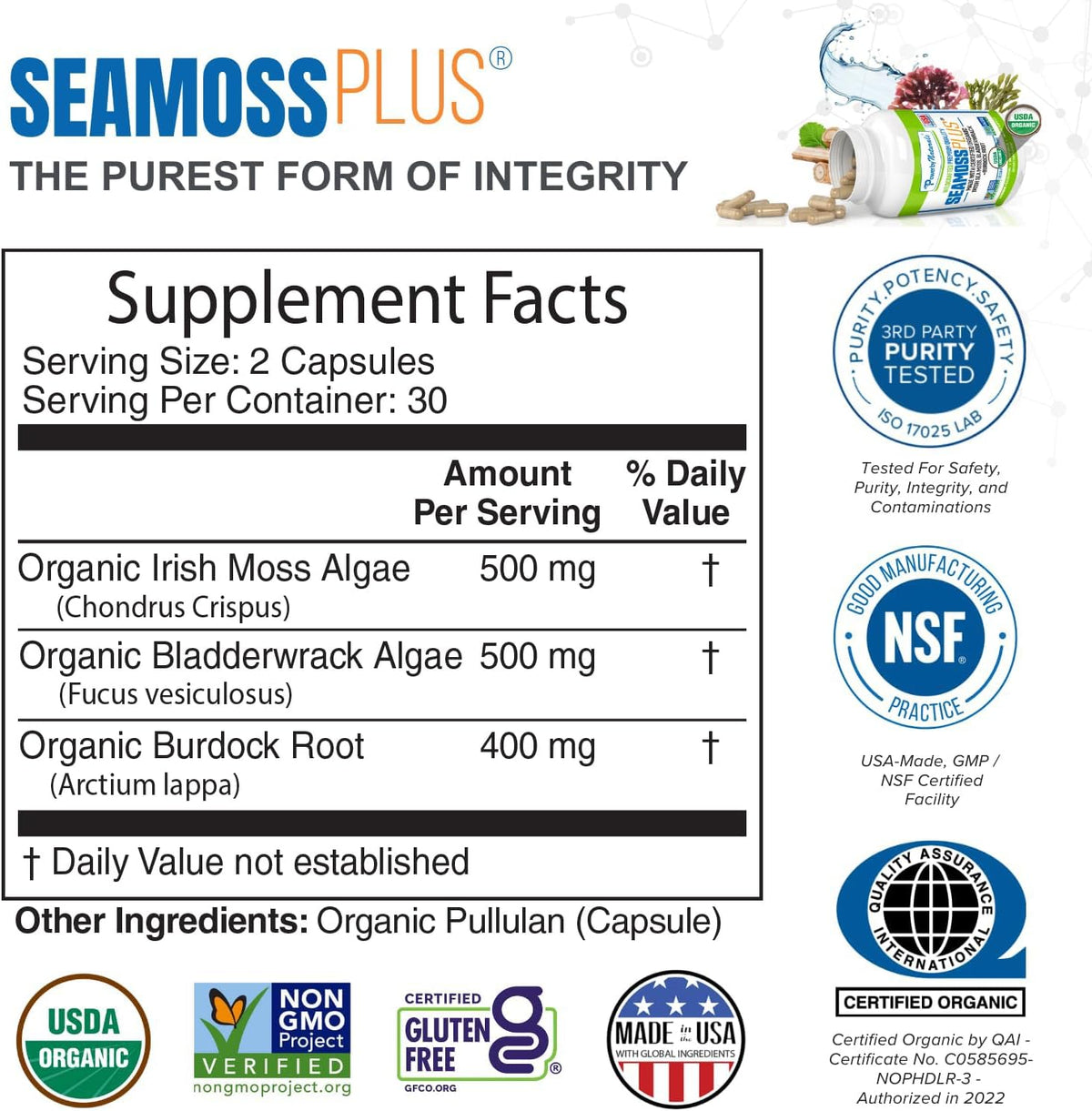Power By Naturals Sea Moss Plus – Cápsulas Orgánicas de Musgo de Mar Irlandés con Bladderwrack y Raíz de Bardana – 120 – Image 2