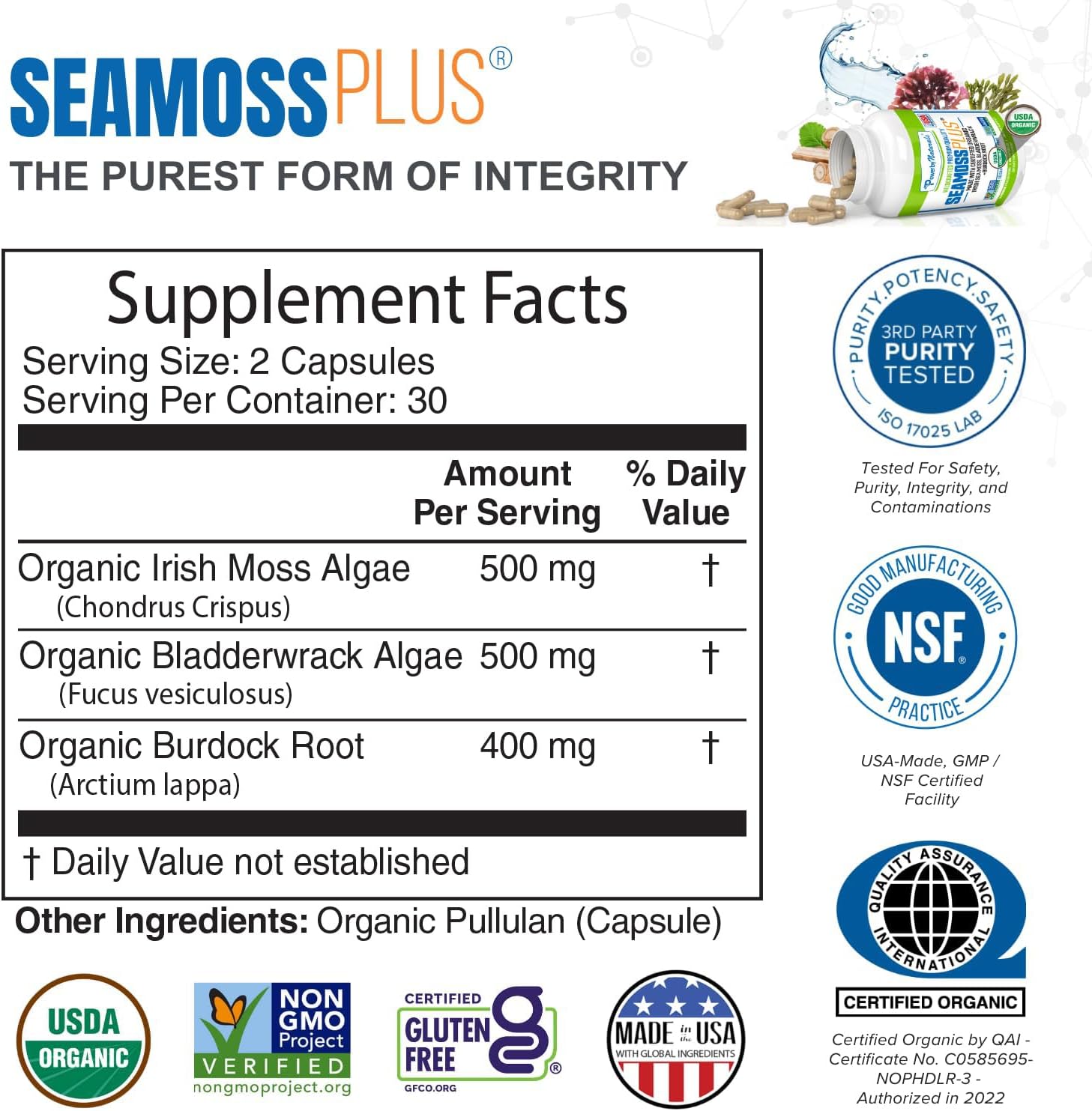Power By Naturals Sea Moss Plus – Cápsulas Orgánicas de Musgo de Mar Irlandés con Bladderwrack y Raíz de Bardana – 120 Cápsulas (Suministro para 2 Meses)