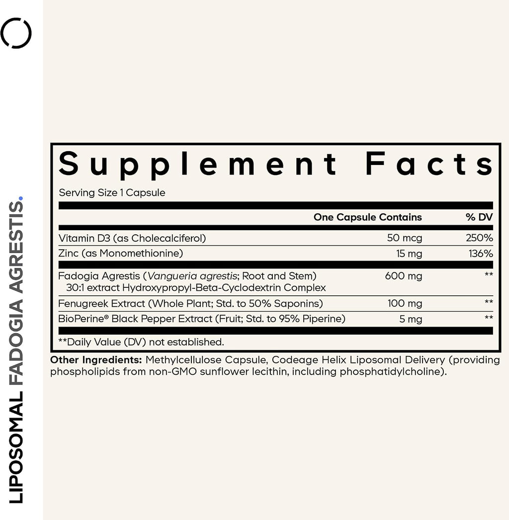 Codeage Liposomal Fadogia Agrestis 600mg con Vitamina D3, Zinc y Fenogreco, 60 Cápsulas