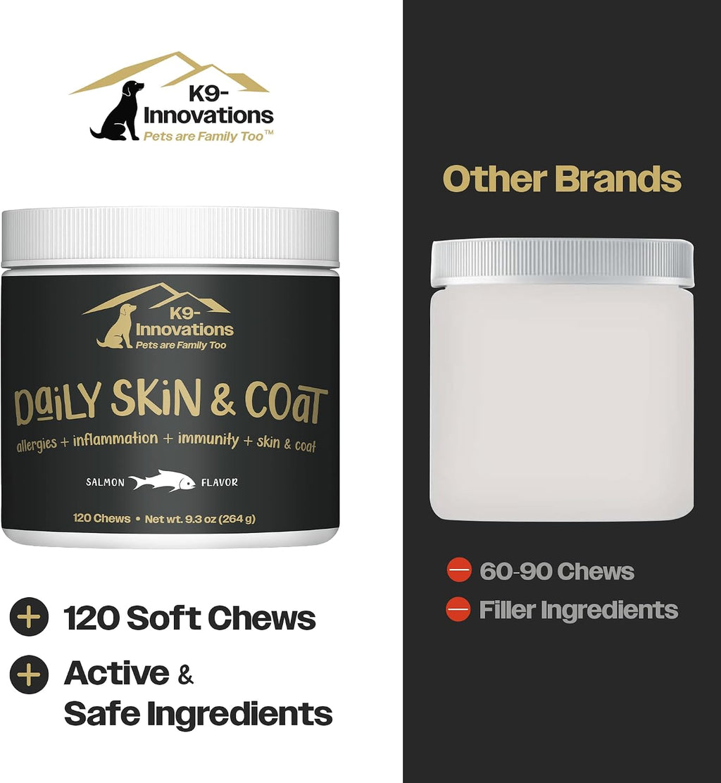 K9-Innovations - Daily Skin & Coat Dog Chews Salmon Flavor - Reduce Itching & Paw Chewing, Omega 3 & VIT C for Skin Health - 1-4 Month Supply (120qty)