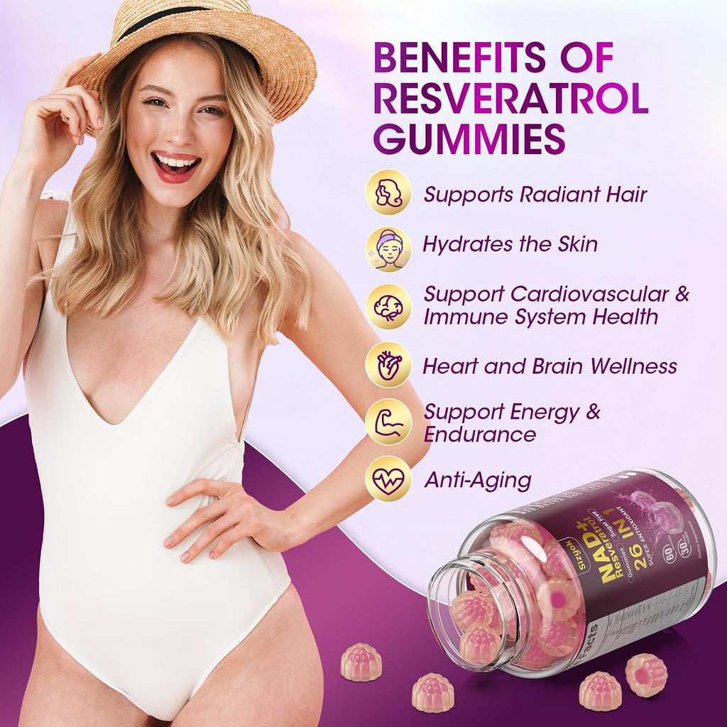 NAD Resveratrol Gummies - Suplemento con NAD+, Resveratrol, Colágeno Hidrolizado, Semilla de Uva y D-Biotina - Sin Azúcar - 60 Gominolas (Pack de 3)