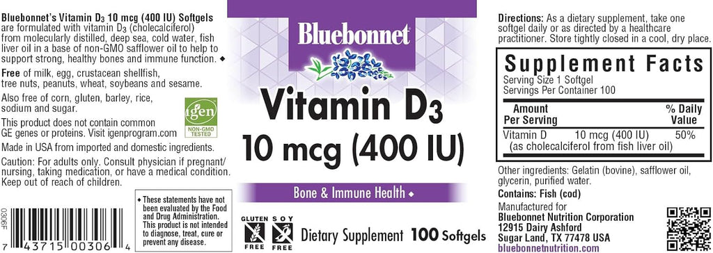 Bluebonnet Nutrition Vitamina D3 400 UI – 100 Cápsulas Blandas