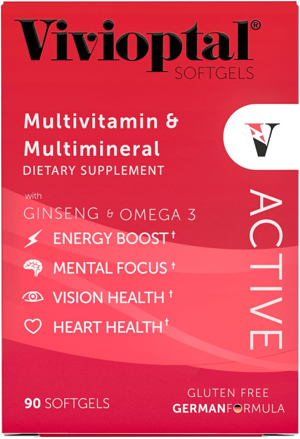 Vivioptal Active, 90 Softgels, Multivitamin with Ginseng and Omega-3, German Formula, Gluten-Free