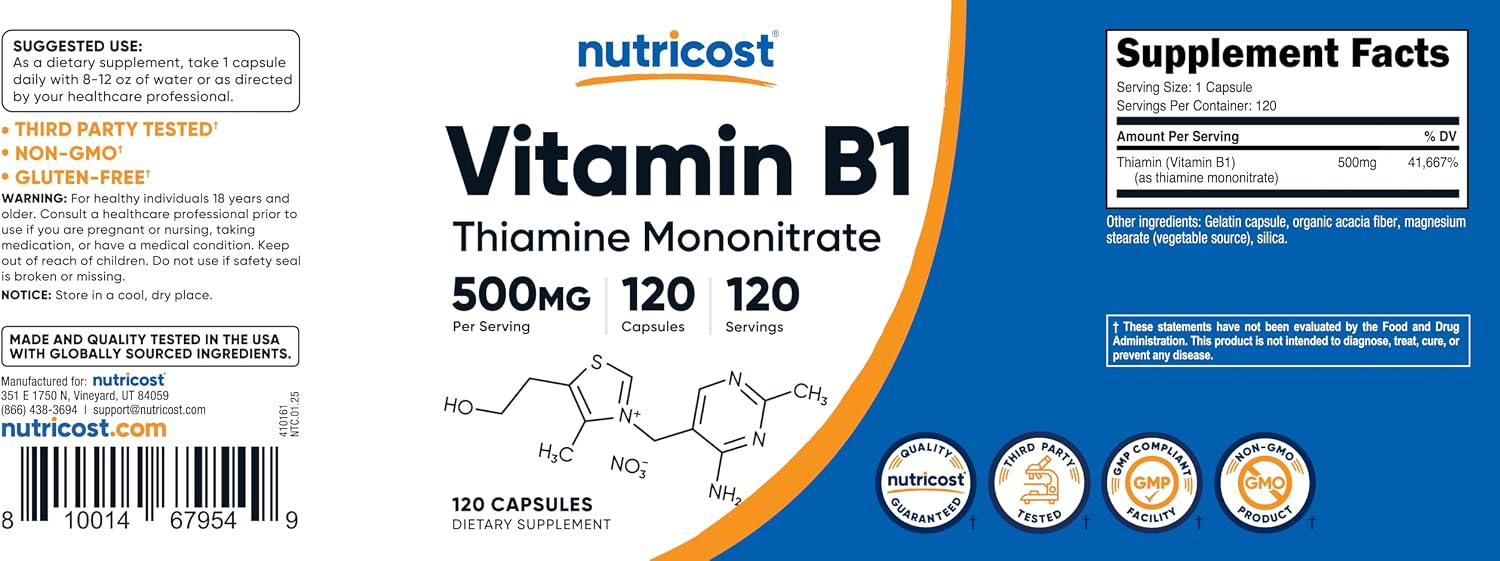 Nutricost Vitamin B1 (Thiamine) 500mg, 120 Capsules
