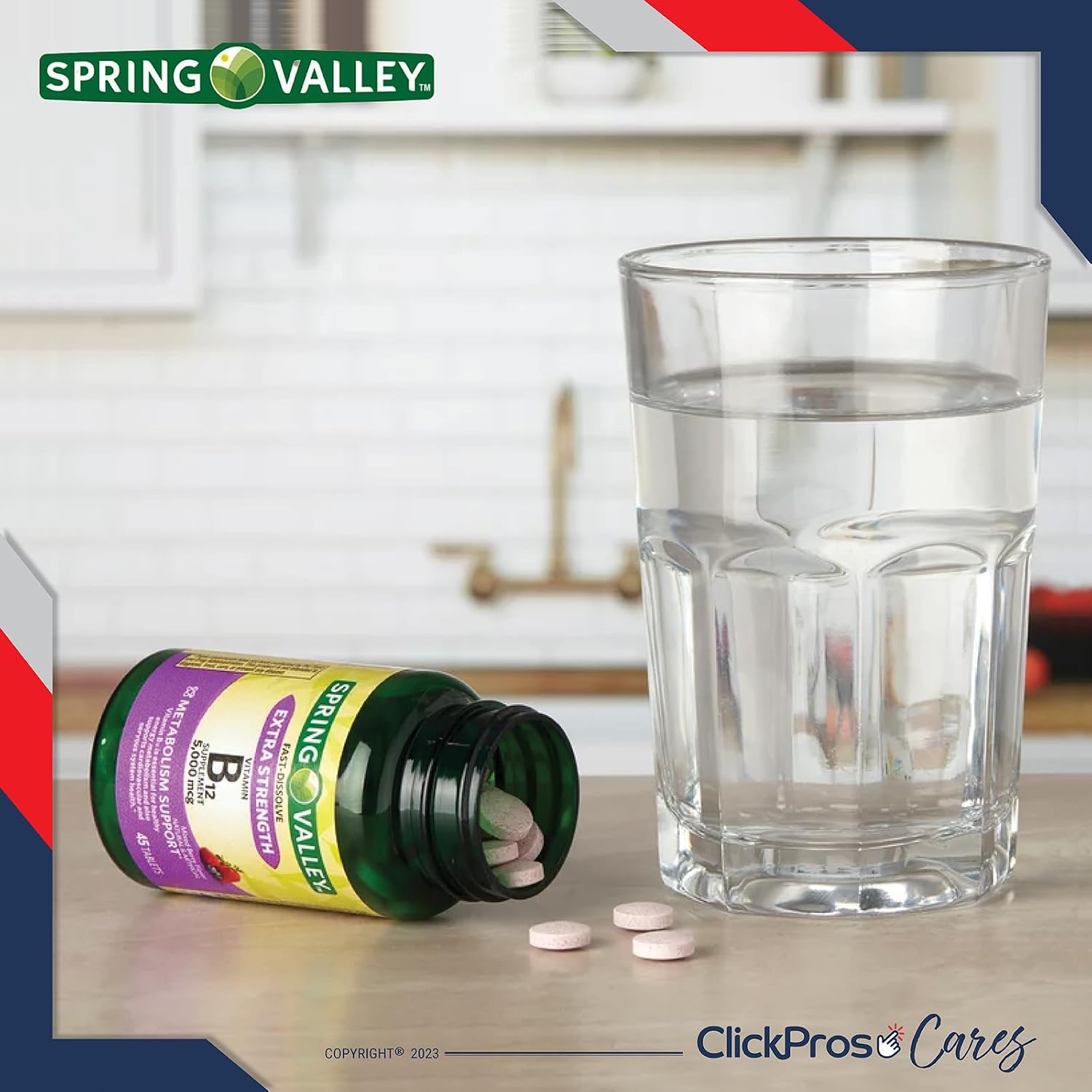 Spring Valley Vitamina B12 5000 mcg Comprimidos Sublinguales con Guía y Pastillero