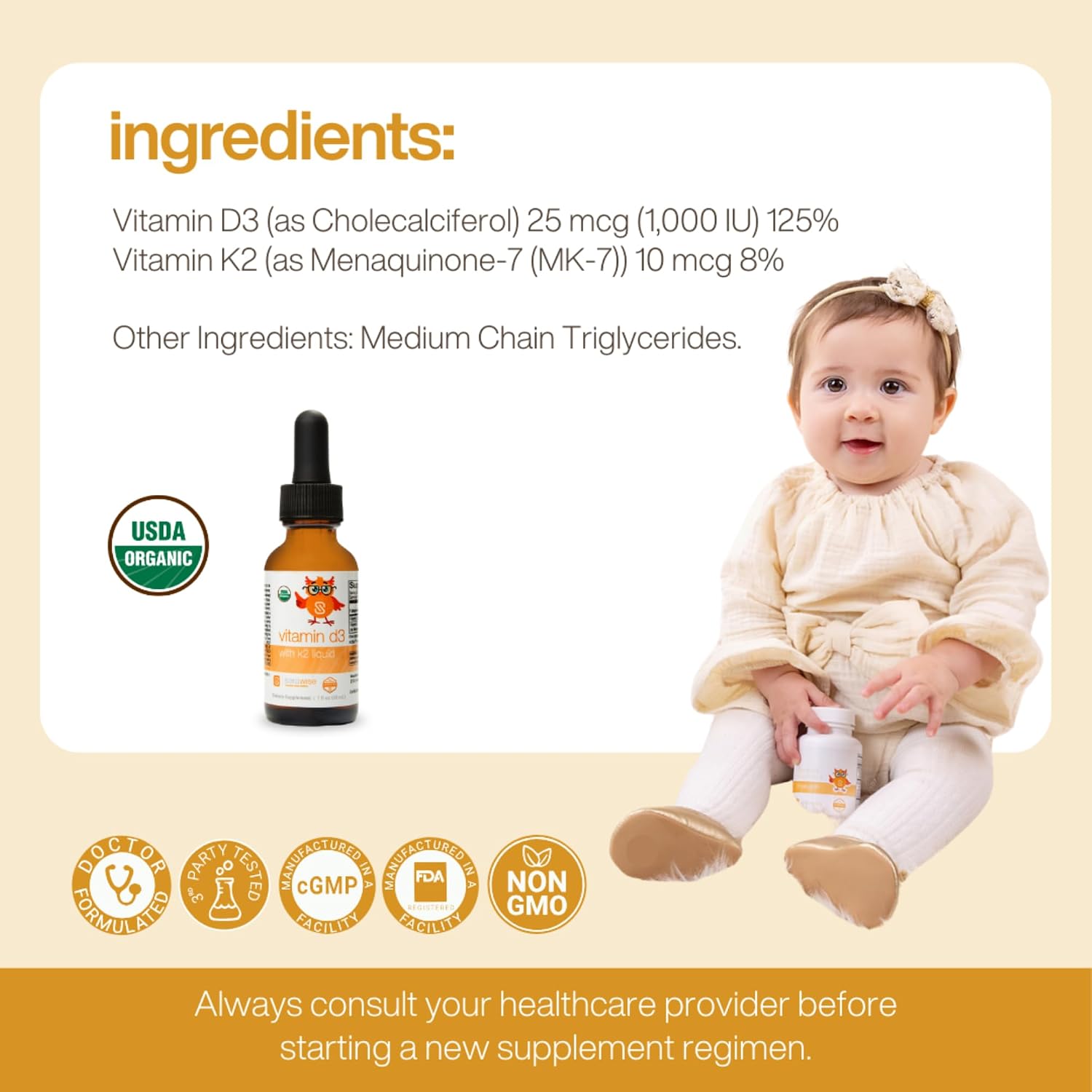 Serawise Organic Liquid Vitamin D3 with K2 - 30 ml