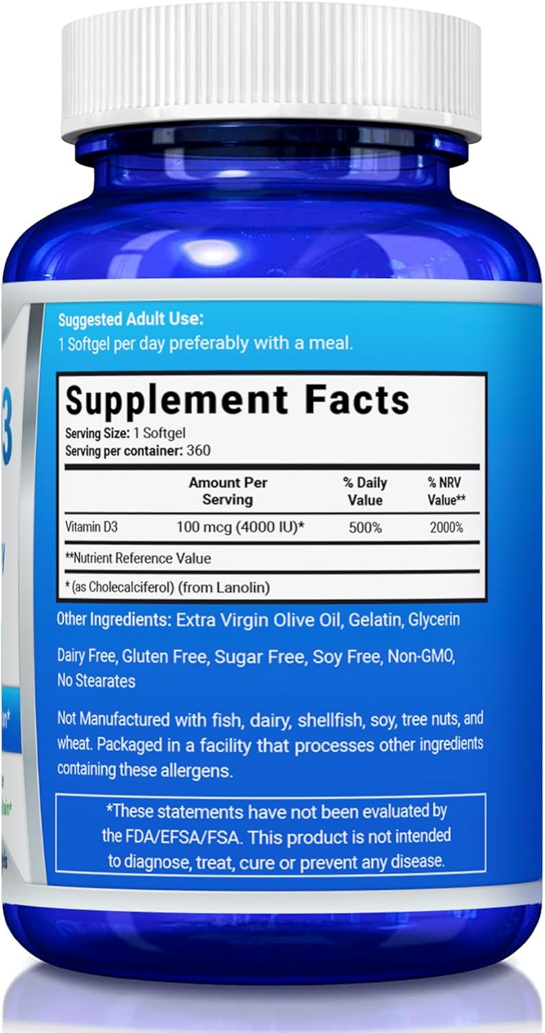 Vitamin D3 4000 IU Food Supplement - 360 Softgels - YounGlo Research
