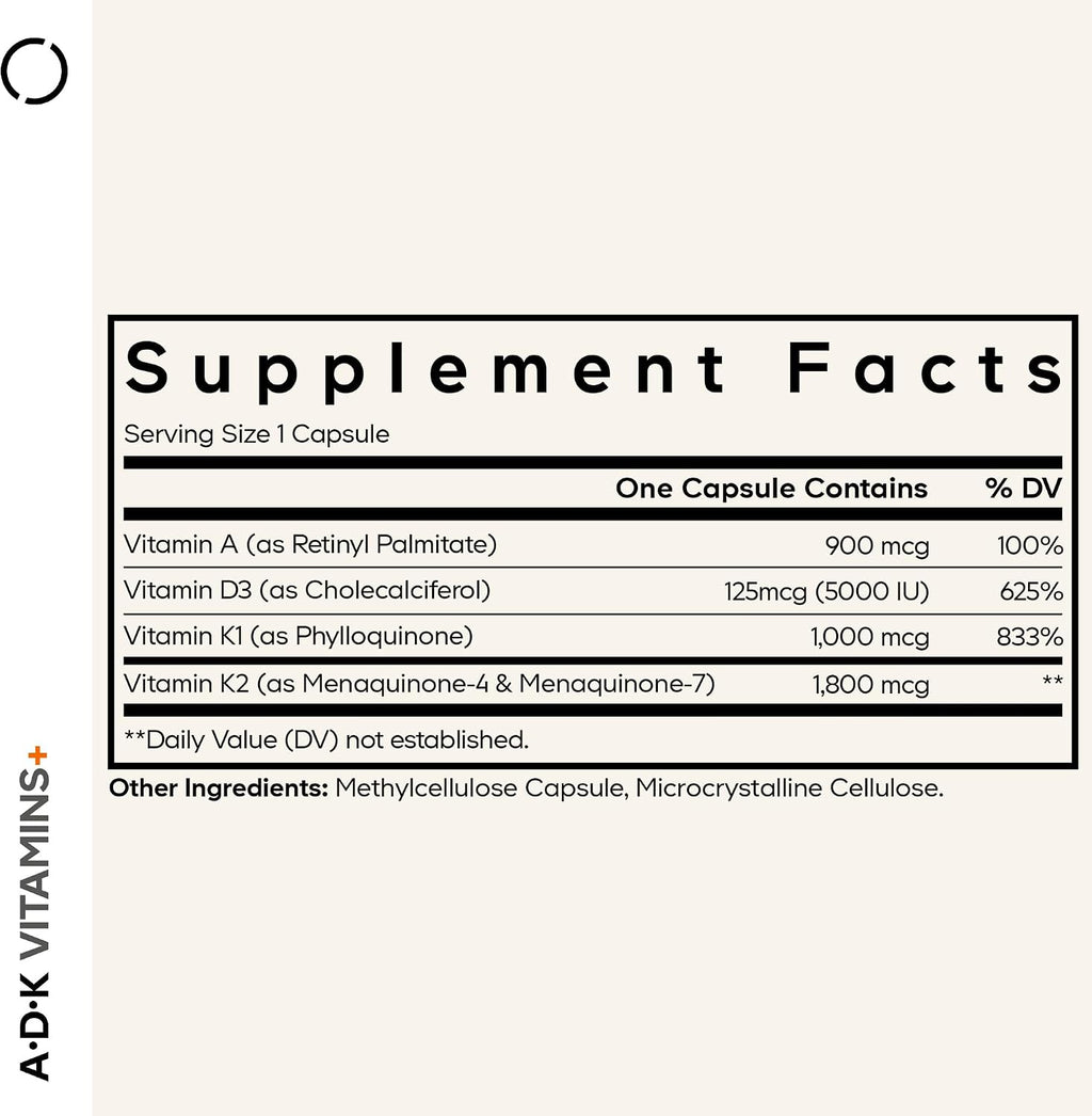 Codeage ADK Vitaminas A, D3, K1 y K2 (MK4 y MK7) - 180 Cápsulas - Suministro para 6 Meses