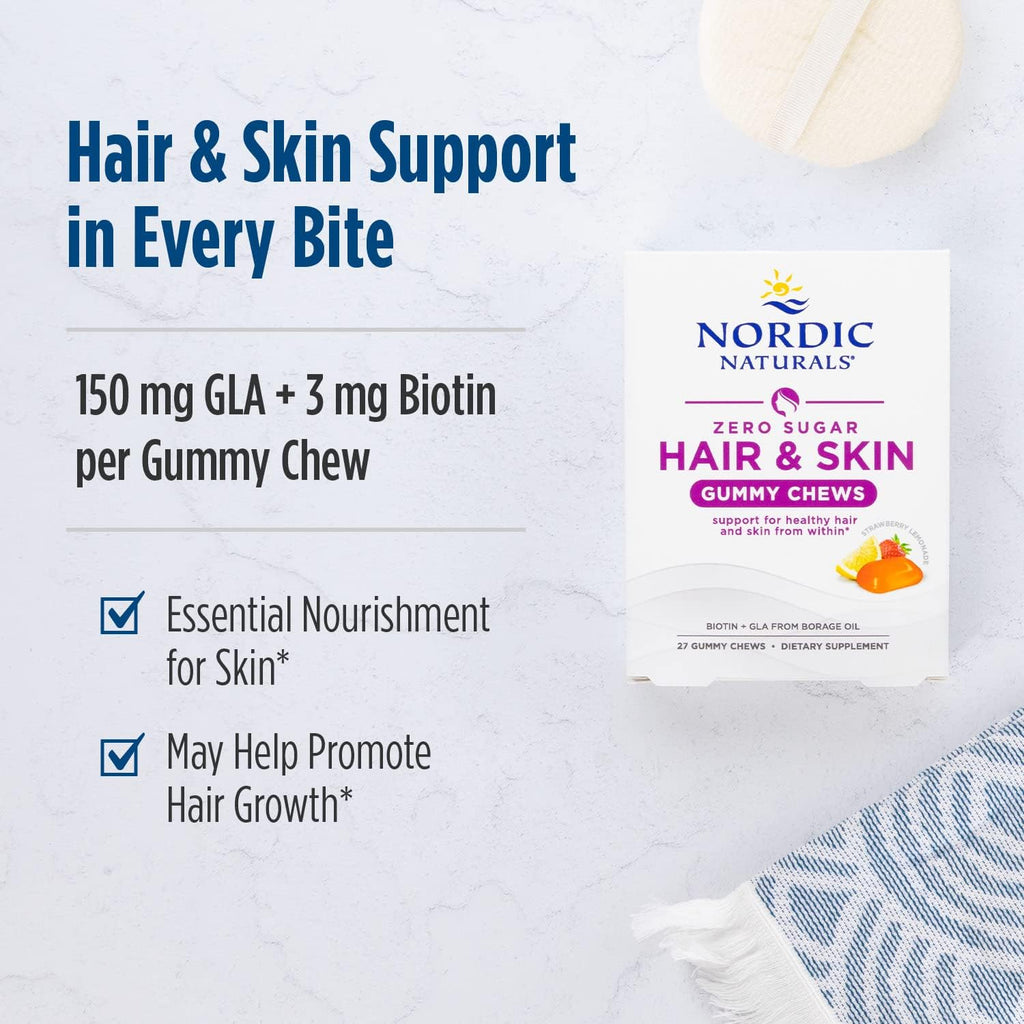 Nordic Naturals Zero Sugar Hair & Skin Gummy Chews, Fresa Limonada - 27 Gominolas - Biotina + GLA de Aceite de Borraja