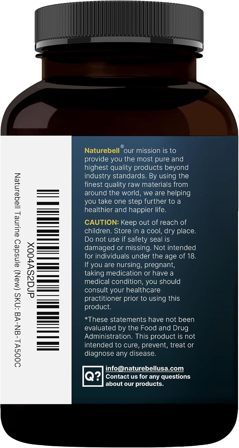 NatureBell Taurina 1.000mg por Dosis, 500 Cápsulas | Suplemento de Aminoácidos Esenciales