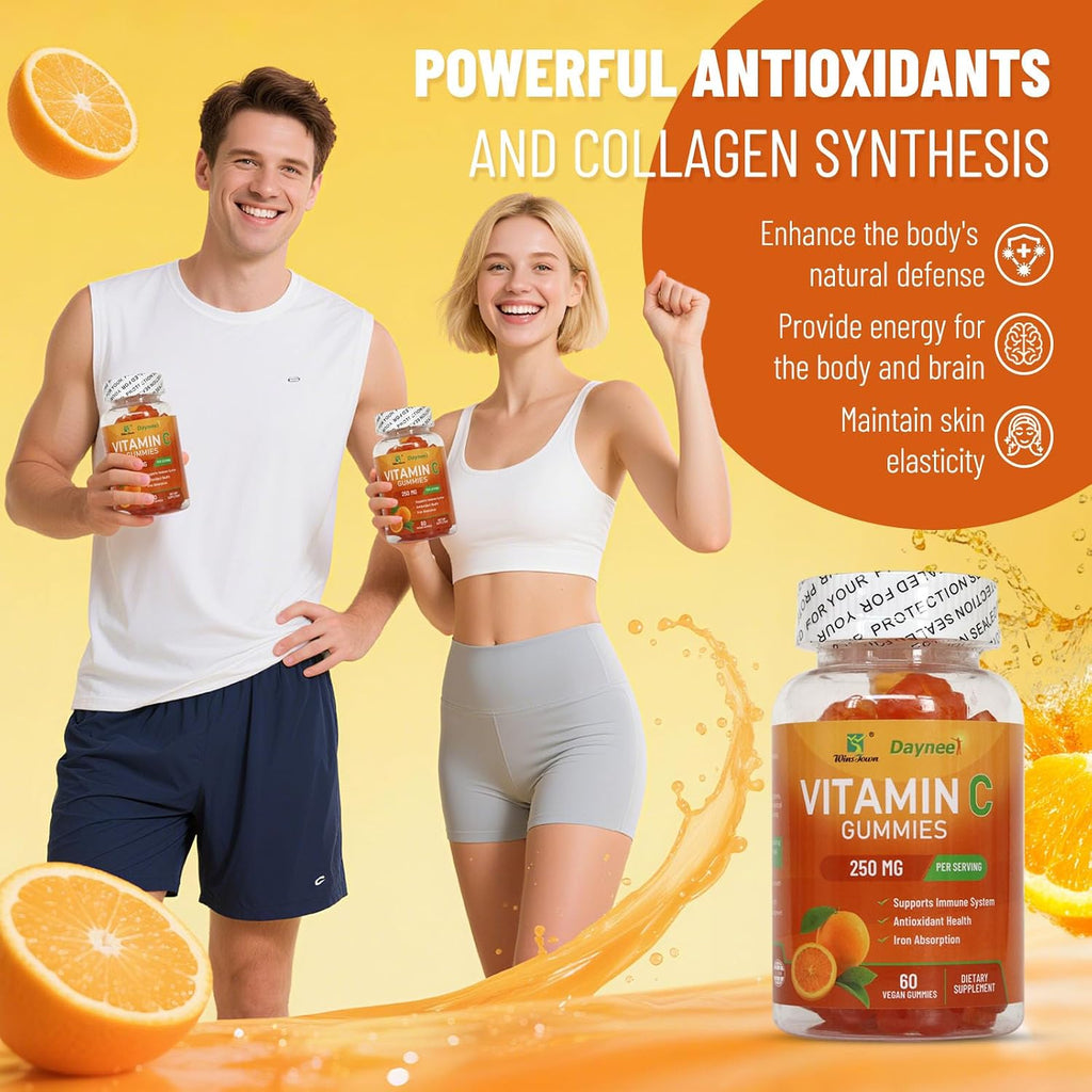 Vitamin C Gummies 250mg – 60 Gomitas con Sabor a Naranja para Adultos, Veganas, Sin Gluten