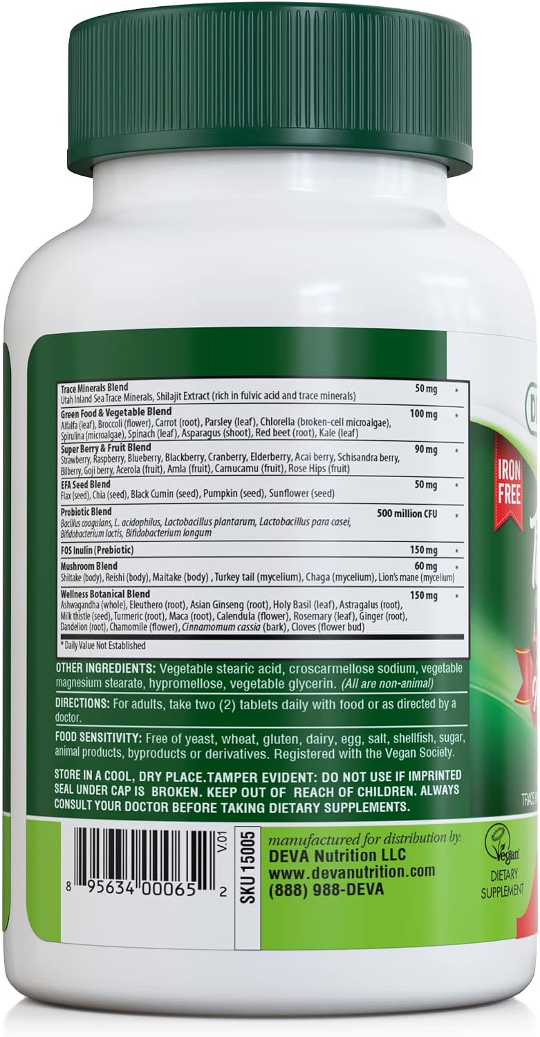 DEVA Tuba Prime Multivitamínico Vegano Sin Hierro - Alta Potencia con Superalimentos, Hongos y Probióticos - 90 Comprimidos