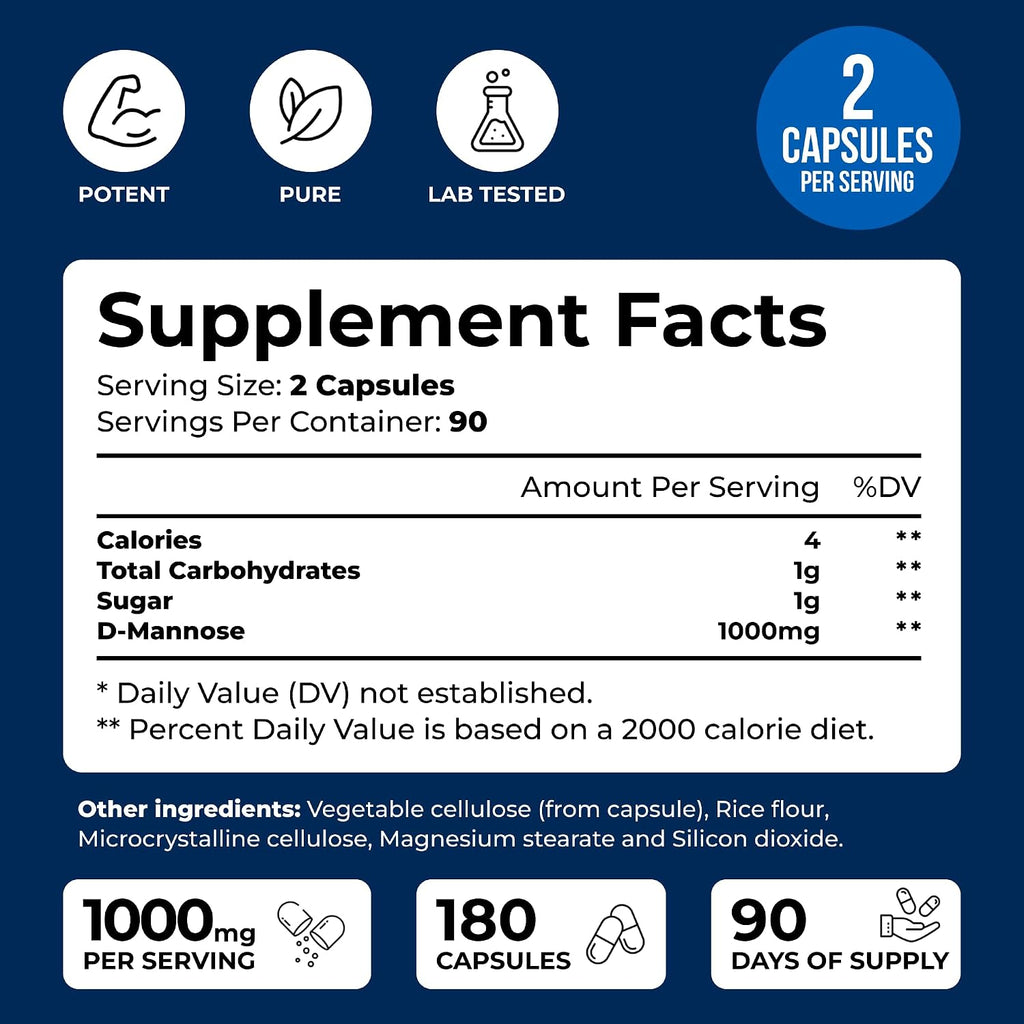 D-Mannose 1000mg Capsules - 180 Vegetable Capsules - Nutritional Supplement