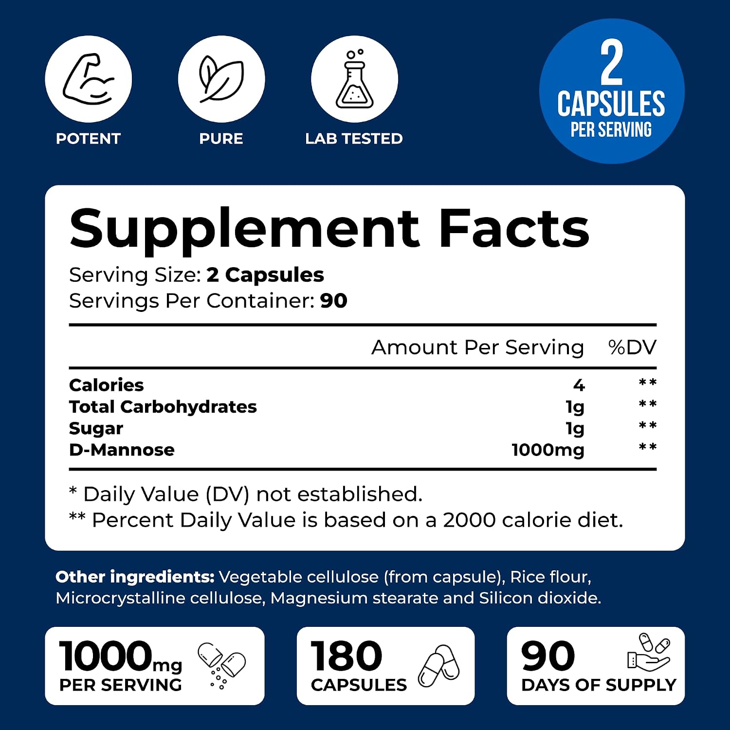 D-Mannose 1000mg Capsules - 180 Vegetable Capsules - Nutritional Supplement