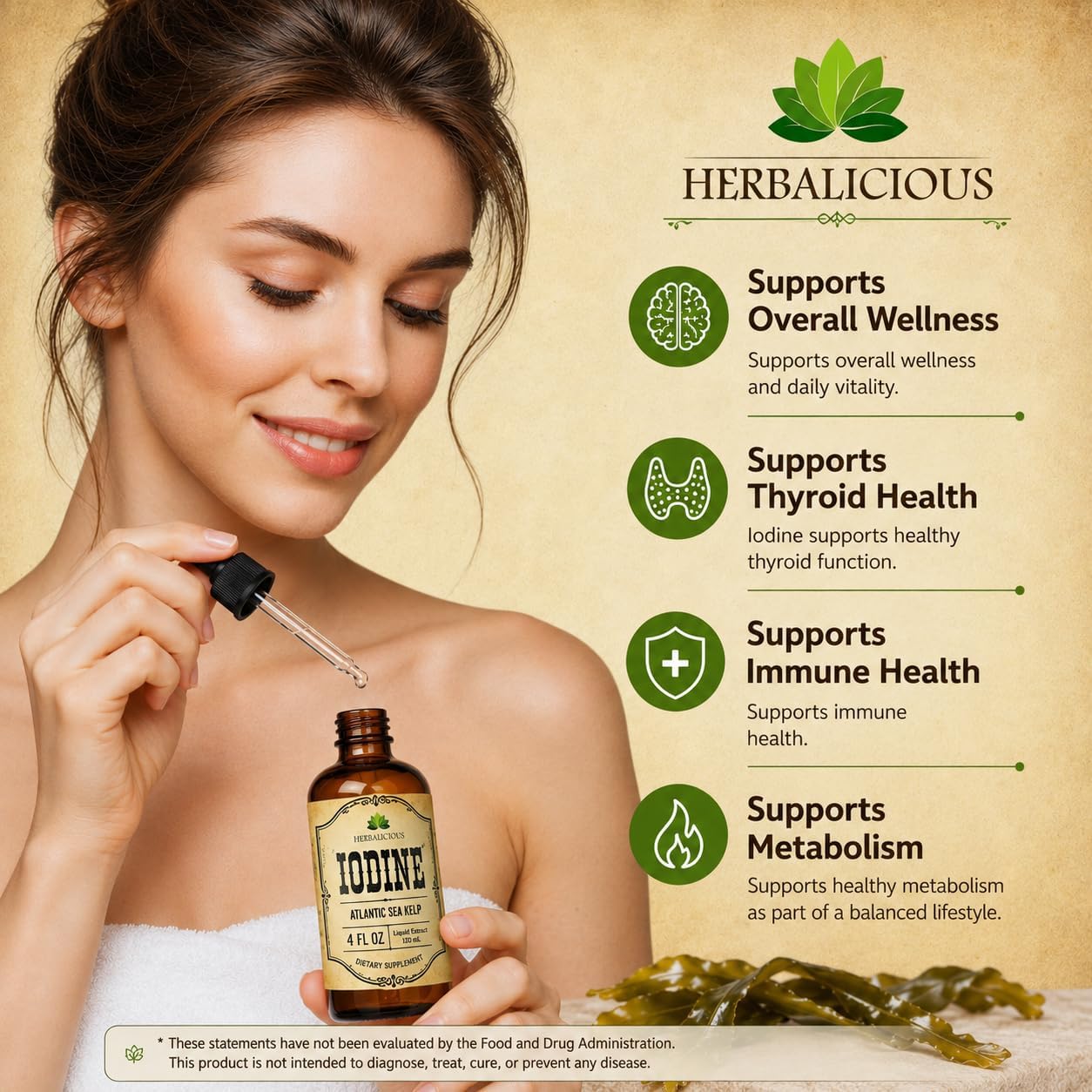 HERBALICIOUS Gotas de Yodo – Yodo Natural de Alga Kelp – Suplemento para Tiroides, Energía, Digestión y Defensas – Fórmula Orgánica No-GMO – 118 ml