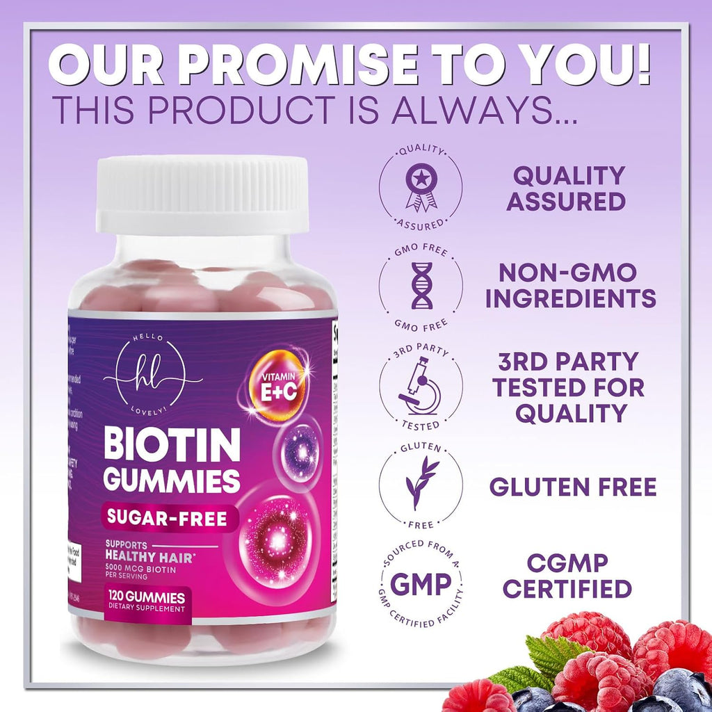 Gominolas de Biotina 5000 mcg con Vitaminas E y C para Cabello, Piel y Uñas - Hello Lovely! (120 unidades)