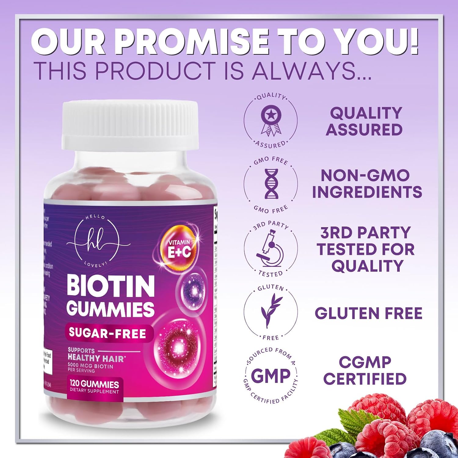 Gominolas de Biotina 5000 mcg con Vitaminas E y C para Cabello, Piel y Uñas - Hello Lovely! (120 unidades)