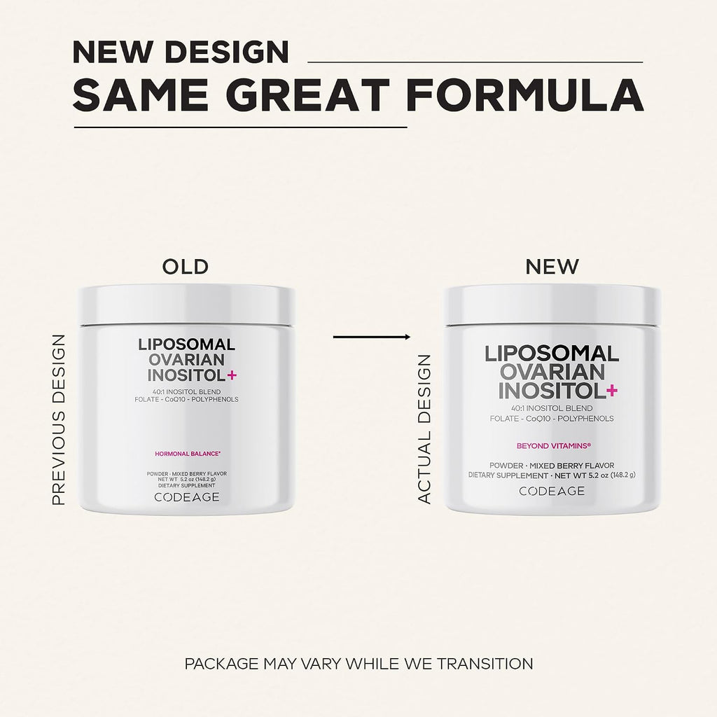 Codeage Liposomal Ovarian Inositol Powder - Myo-Inositol & D-Chiro-Inositol 40:1, Folato 5-MTHF, CoQ10, Granada y Arándano - 60 Servicios - Sabor a Bayas