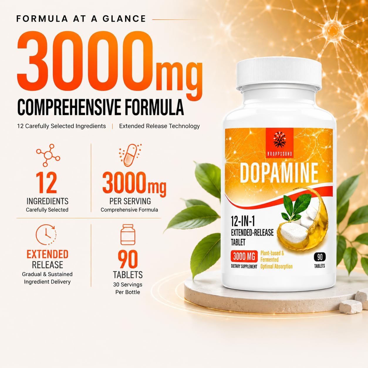 Kroppssund Suplemento de Dopamina con L-Teanina y Ashwagandha, Fórmula 12 en 1 de Liberación Prolongada, 3000 mg por Dosis, 90 Comprimidos (2 Frascos)