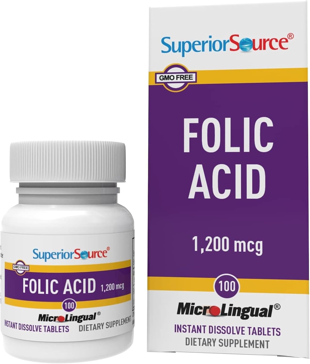 Superior Source Folic Acid 1200 mcg - Supplement for Heart, Immune and Nervous System - 100 Sublingual Tablets