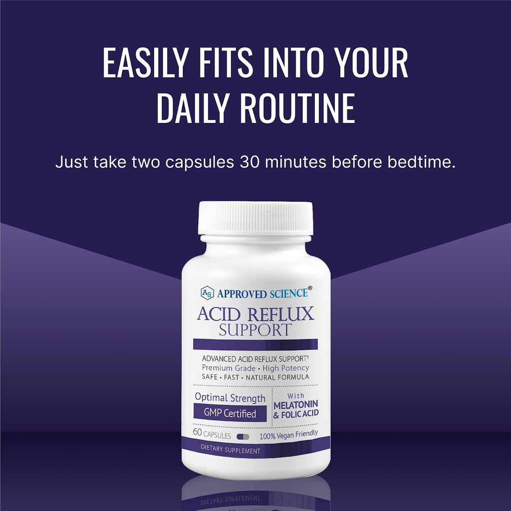 Approved Science® Acid Reflux Support - Apoyo para el Reflujo Ácido con Melatonina, Raíz de Malvavisco, L-Taurina - 60 Cápsulas Veganas