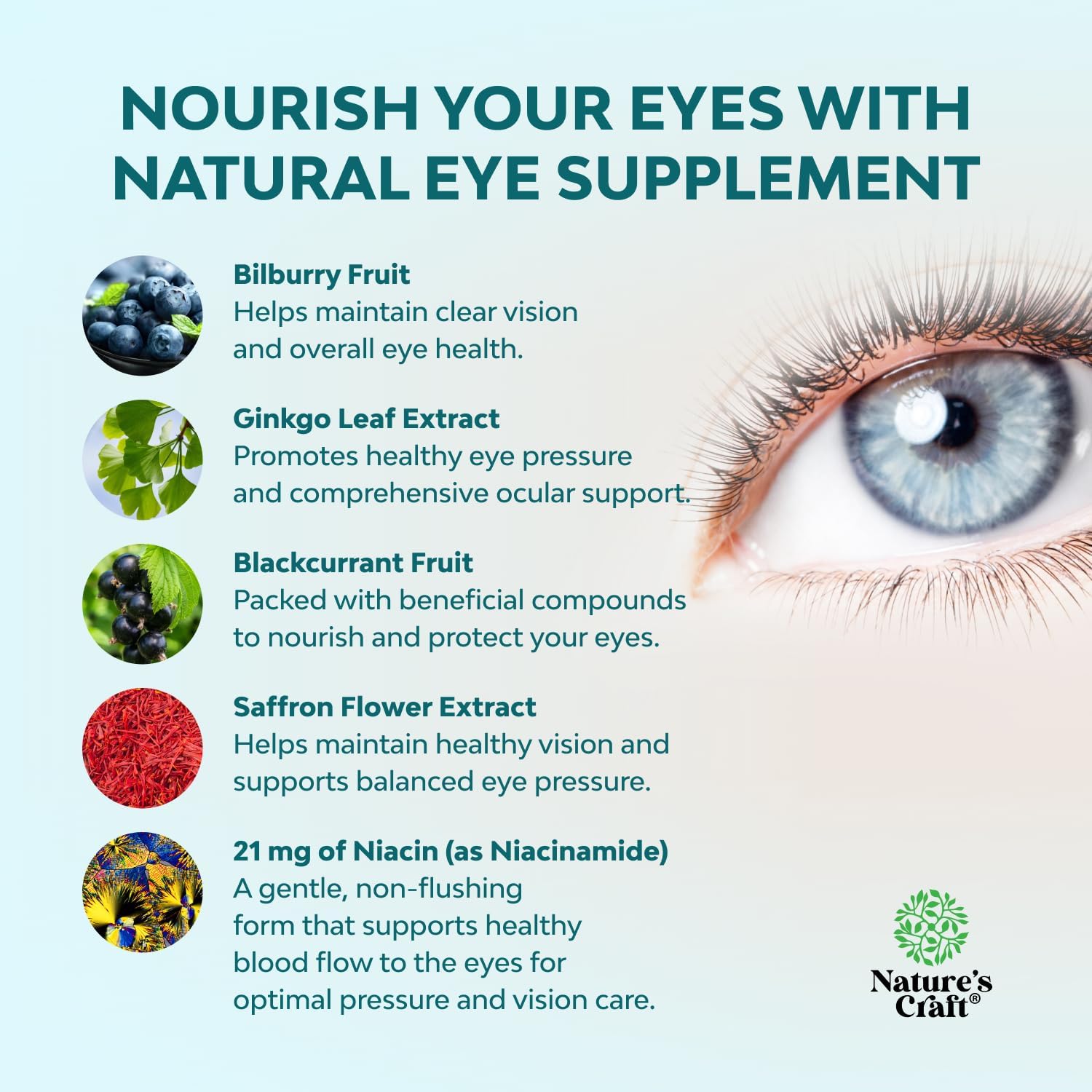 Natures Craft Eye Pressure Support con extracto de arándano - Suplemento vegano para la salud ocular - 30 cápsulas