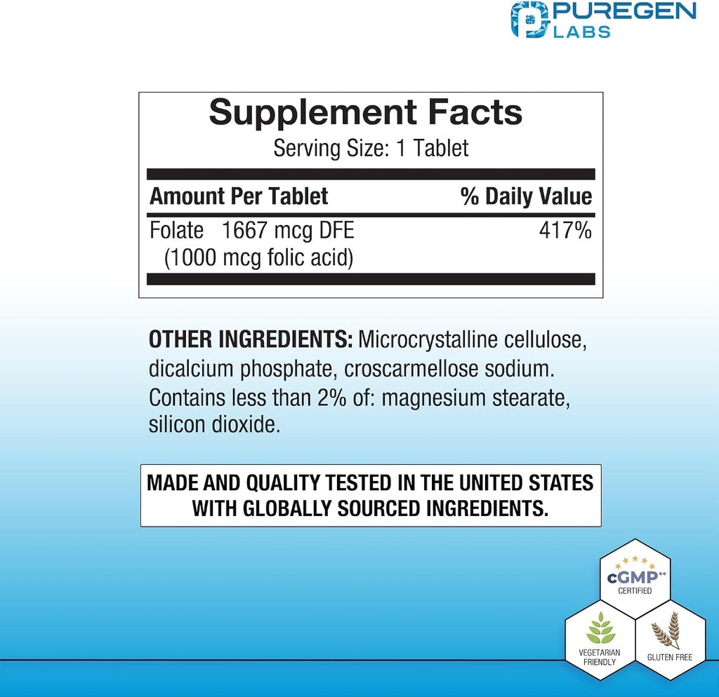 Puregen Labs Ácido Fólico 1000 mcg Comprimidos | Vitamina B9 | No GMO | Sin Gluten | Tamaño Económico 1000 Comprimidos