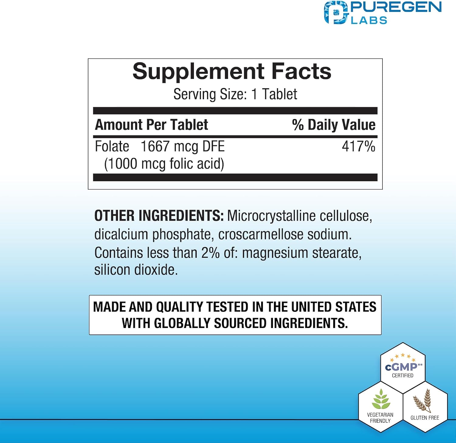 Puregen Labs Ácido Fólico 1000 mcg Comprimidos | Vitamina B9 | No GMO | Sin Gluten | Tamaño Económico 1000 Comprimidos