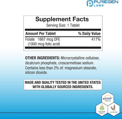 Puregen Labs Ácido Fólico 1000 mcg – Contribuye a la formación normal de las células sanguíneas. – Image 2
