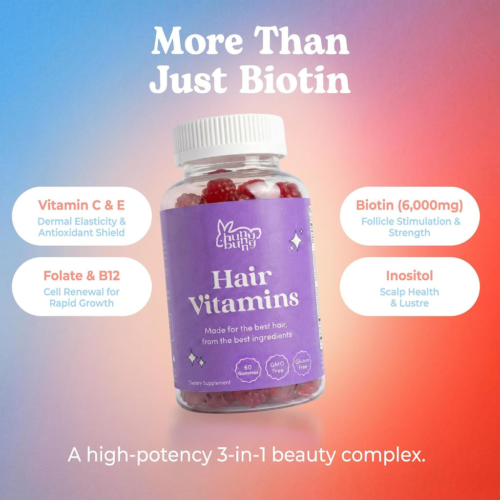 Hunny Bunny Gominolas para Cabello, Piel y Uñas, Biotina con Ácido Fólico, B12, Colágeno, Zinc, Sin Gelatina, No GMO, 60 Gominolas