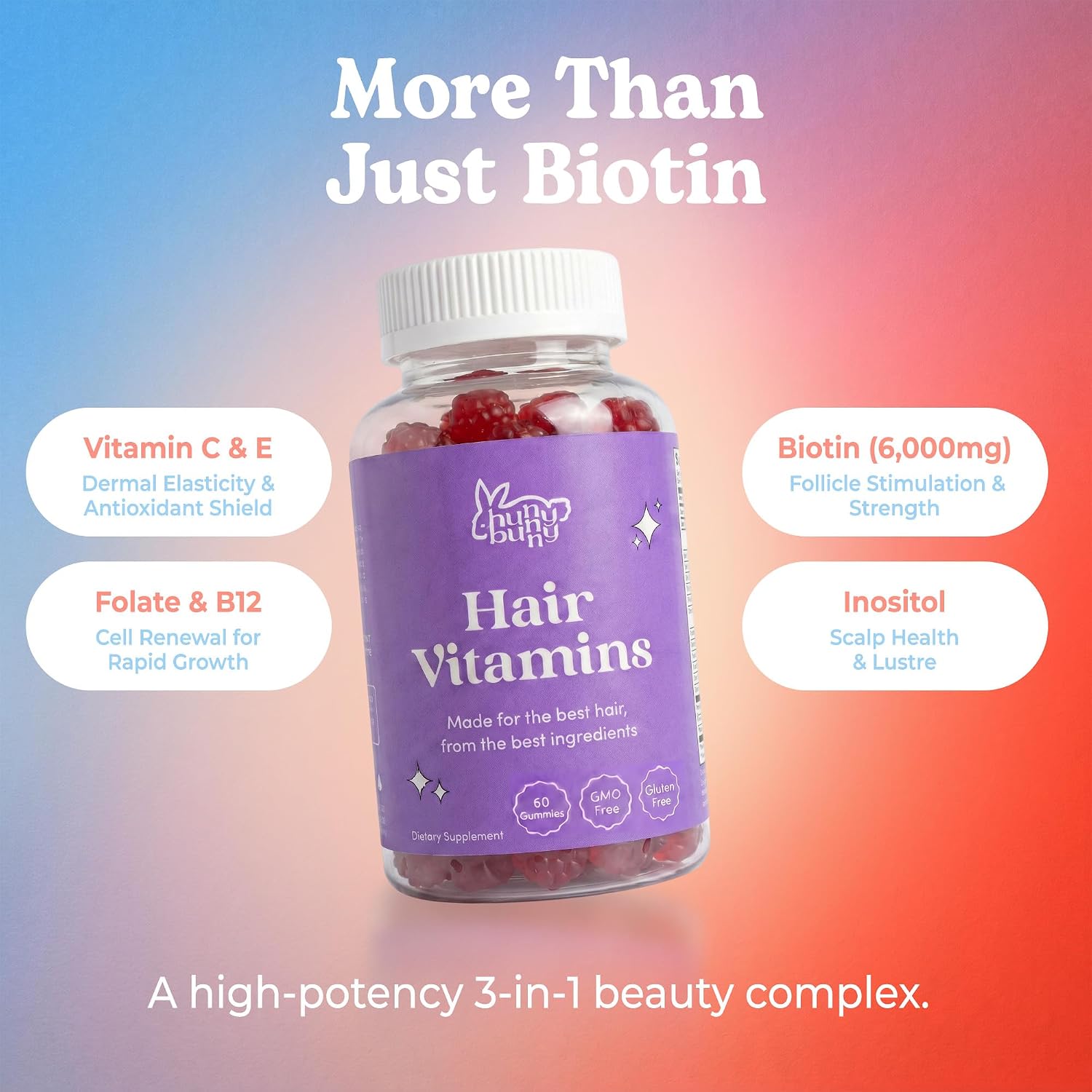 Hunny Bunny Gominolas para Cabello, Piel y Uñas, Biotina con Ácido Fólico, B12, Colágeno, Zinc, Sin Gelatina, No GMO, 60 Gominolas
