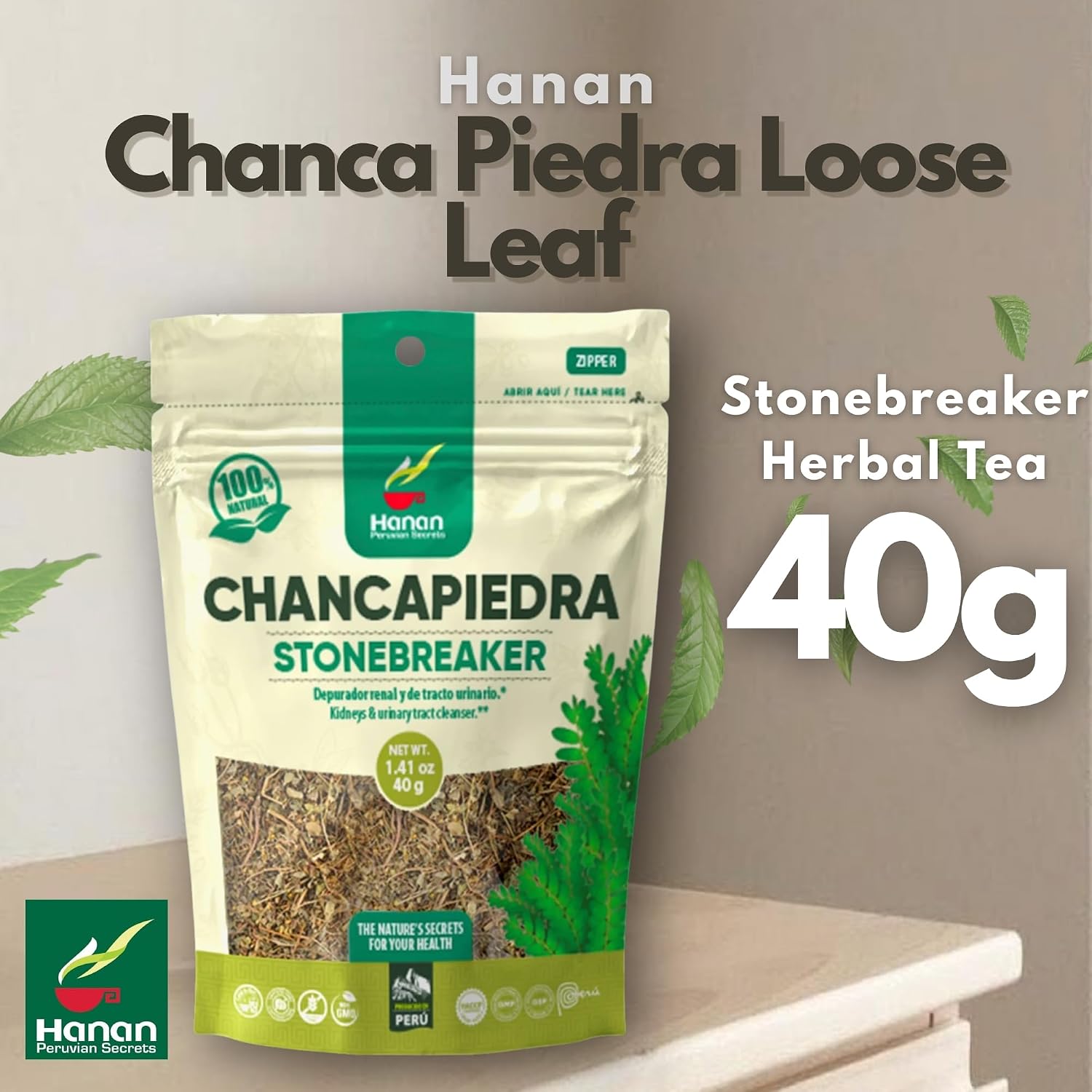Hanan Chanca Piedra Hoja Suelta 40g - Té de Hierbas Chancapiedra 100% Natural Cultivado en Perú