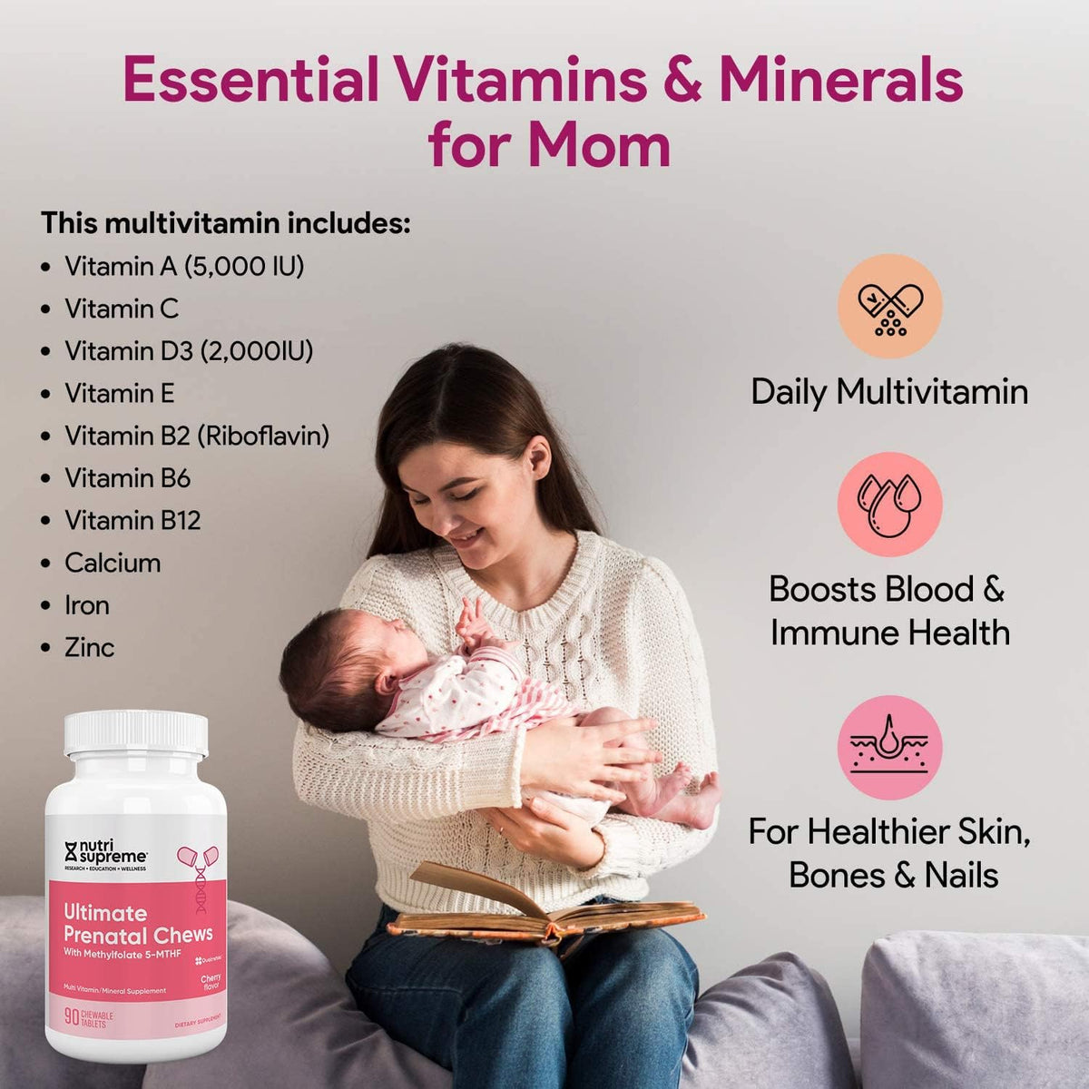 Nutri Supreme Prenatal Vitamin, Masticable – Vitamina C y E: Actúan como antioxidantes, protegiendo a las células – Image 6