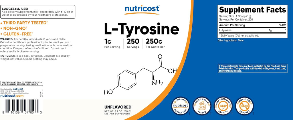 Nutricost L-Tirosina en Polvo 250g - Aminoácido Puro
