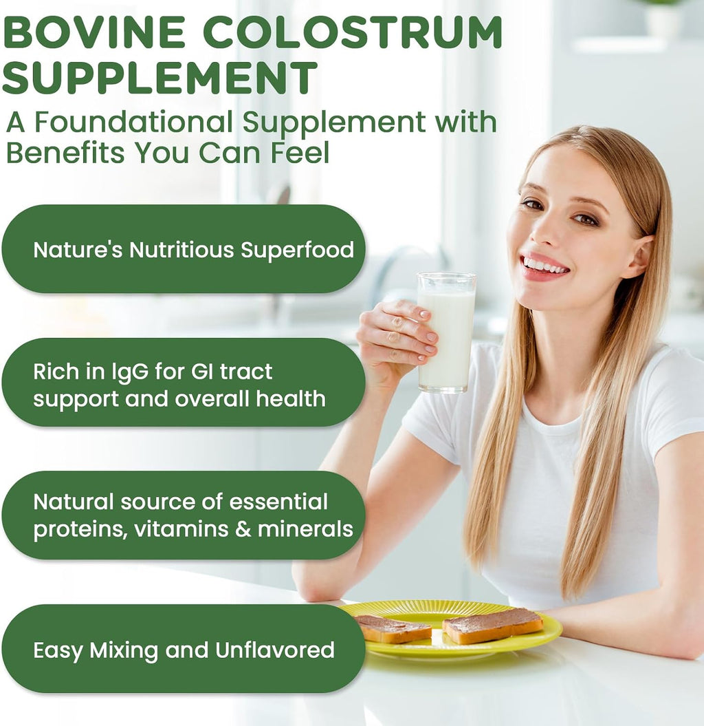 Bovine Colostrum Supplement Powder 50% IgG Premium Bovine Colostrum for Gut Health Support, Immune Support, Muscle Recovery & Overall Wellness, Grass Fed, Non-GMO, Unflavored, 60 Servings