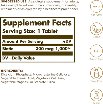 Solgar Biotina 300 mcg, 100 Comprimidos, – La biotina contribuye al funcionamiento normal del sistema nervioso. – Image 2