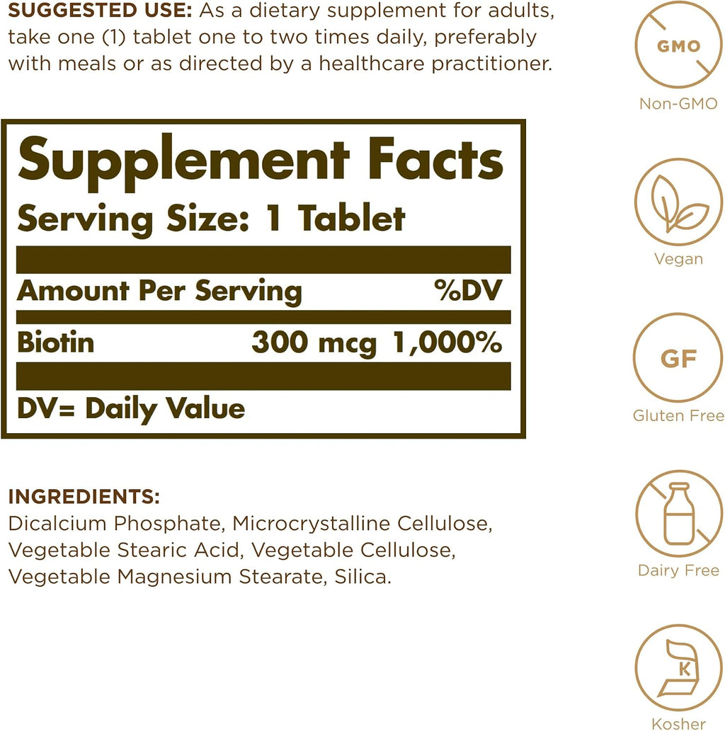 Solgar Biotina 300 mcg - 100 Comprimidos - Vegano, Sin Gluten
