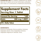 Solgar Biotina 300 mcg - 100 Comprimidos - Vegano, Sin Gluten