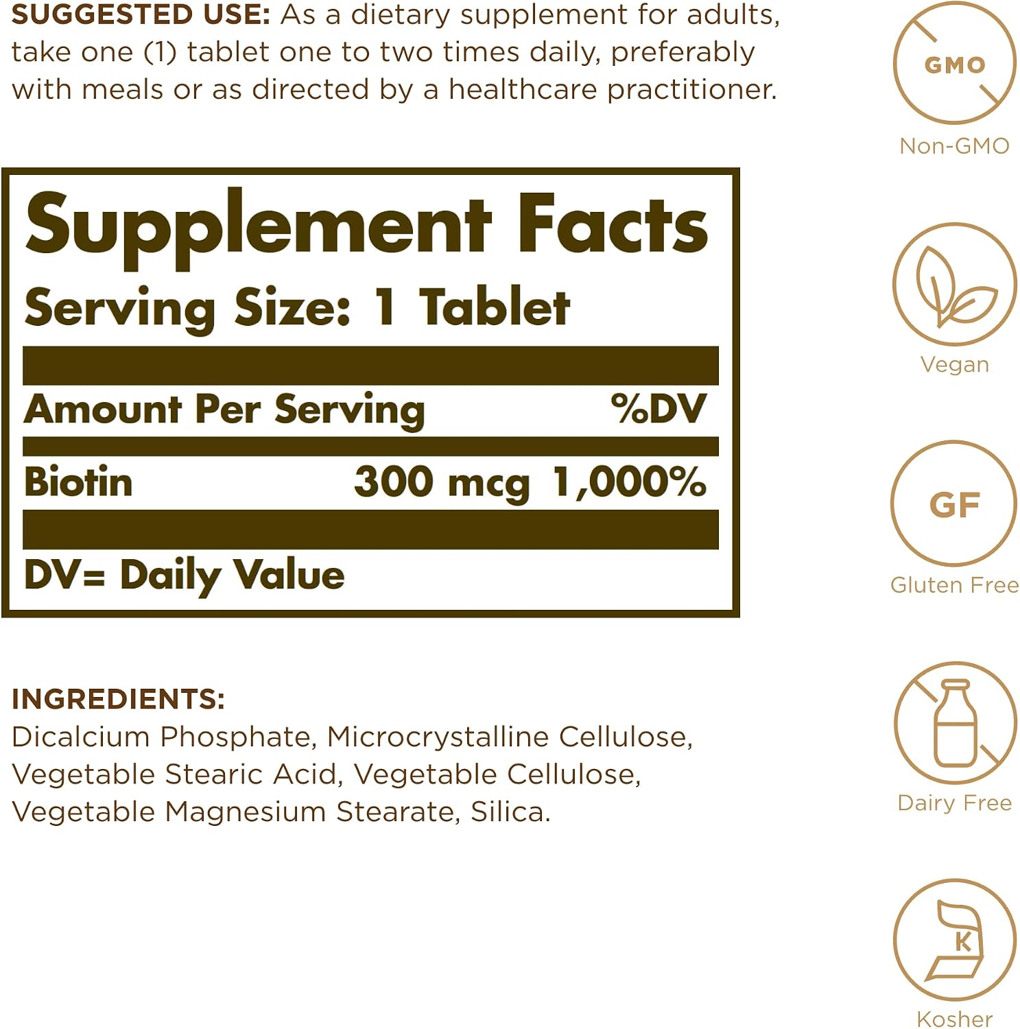 Solgar Biotina 300 mcg - 100 Comprimidos - Vegano, Sin Gluten