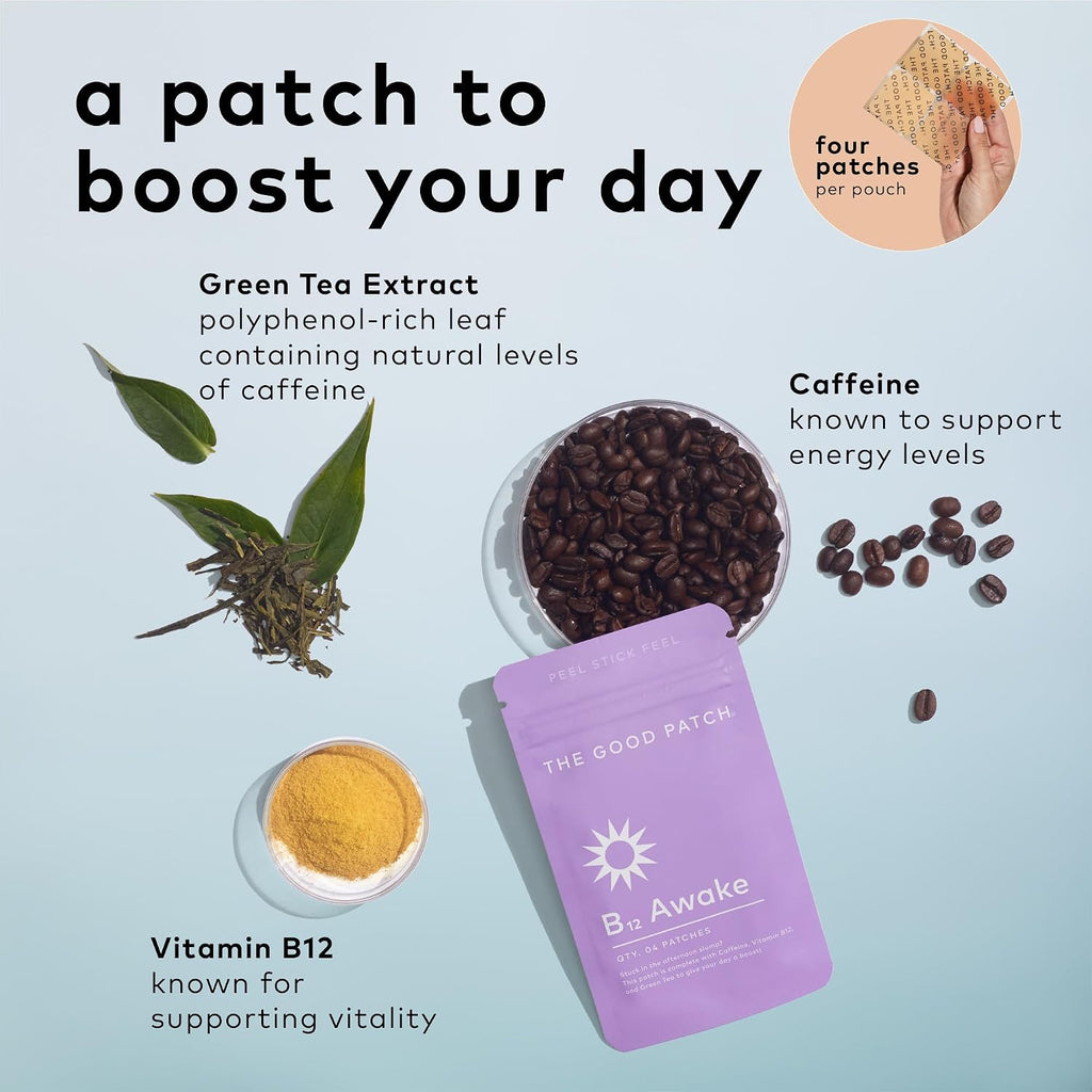 The Good Patch B12 Awake - Parche de Vitamina B12, Cafeína y Té Verde (8 Parches)