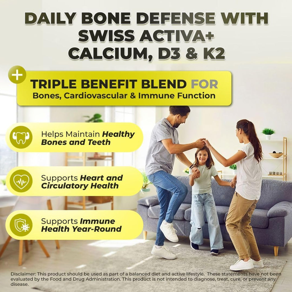 Calcio con Vitamina D3 y K2 – Swiss Activa+ Labs – Vegano, No-GMO – 60 Días