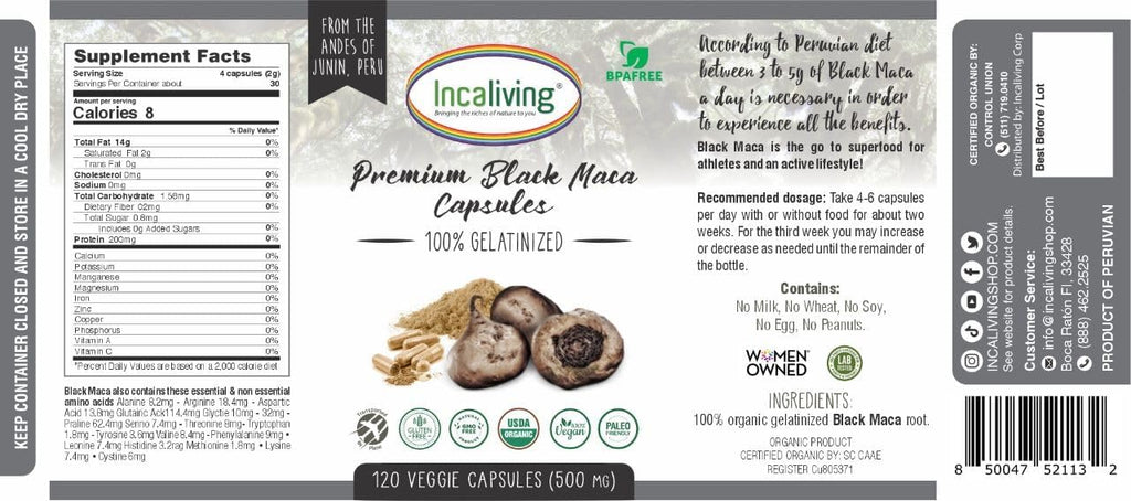 Incaliving Black Maca Veggie Capsules 120ct - Orgánica de Perú