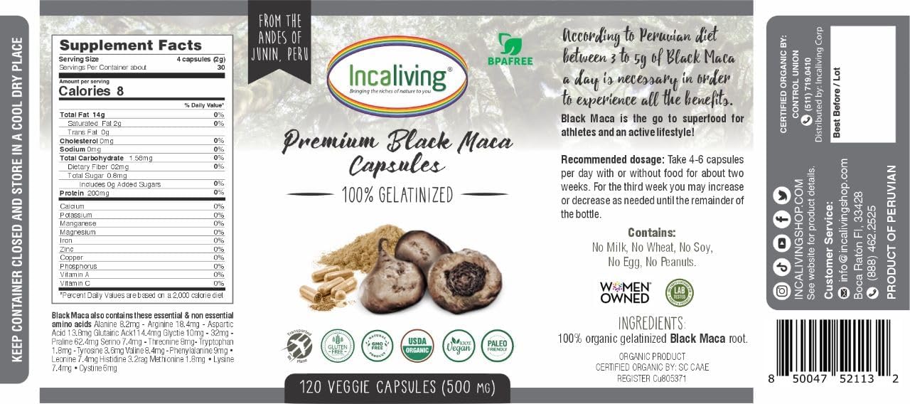 Incaliving Black Maca Veggie Capsules 120ct - Orgánica de Perú