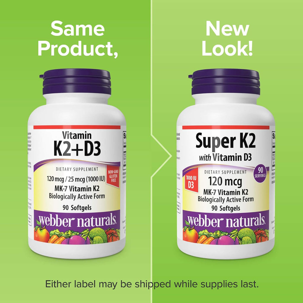 Webber Naturals Vitamina D3 y K2, 1.000 UI / 120 mcg, 90 Cápsulas Blandas