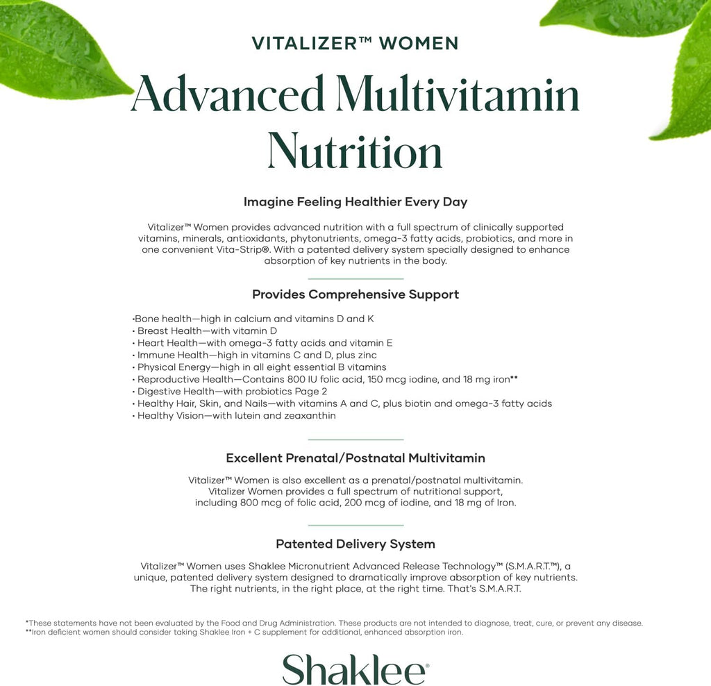 Shaklee Vitalizer Women - Multivitamínico Prenatal/Postnatal con Omega-3 y Probióticos - 30 Tiras Vita-Strip