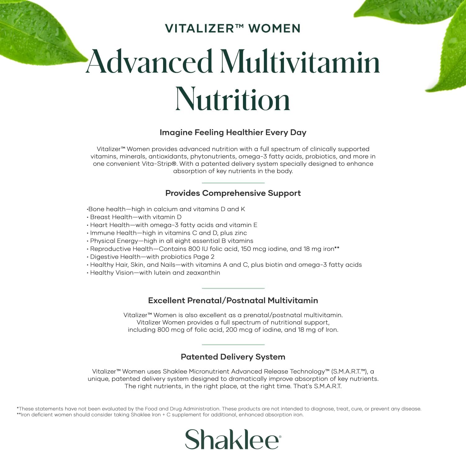 Shaklee Vitalizer Women - Multivitamínico Prenatal/Postnatal con Omega-3 y Probióticos - 30 Tiras Vita-Strip