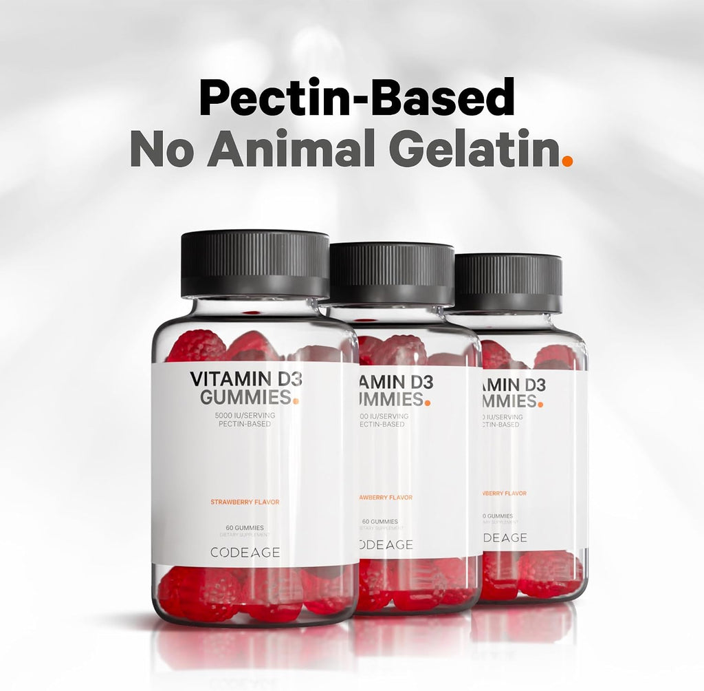 Codeage Vitamina D3 Gominolas, 5000 UI (125 mcg) de Colecalciferol, 60 Gominolas - Sabor Fresa, Sin Gelatina, Sin Gluten