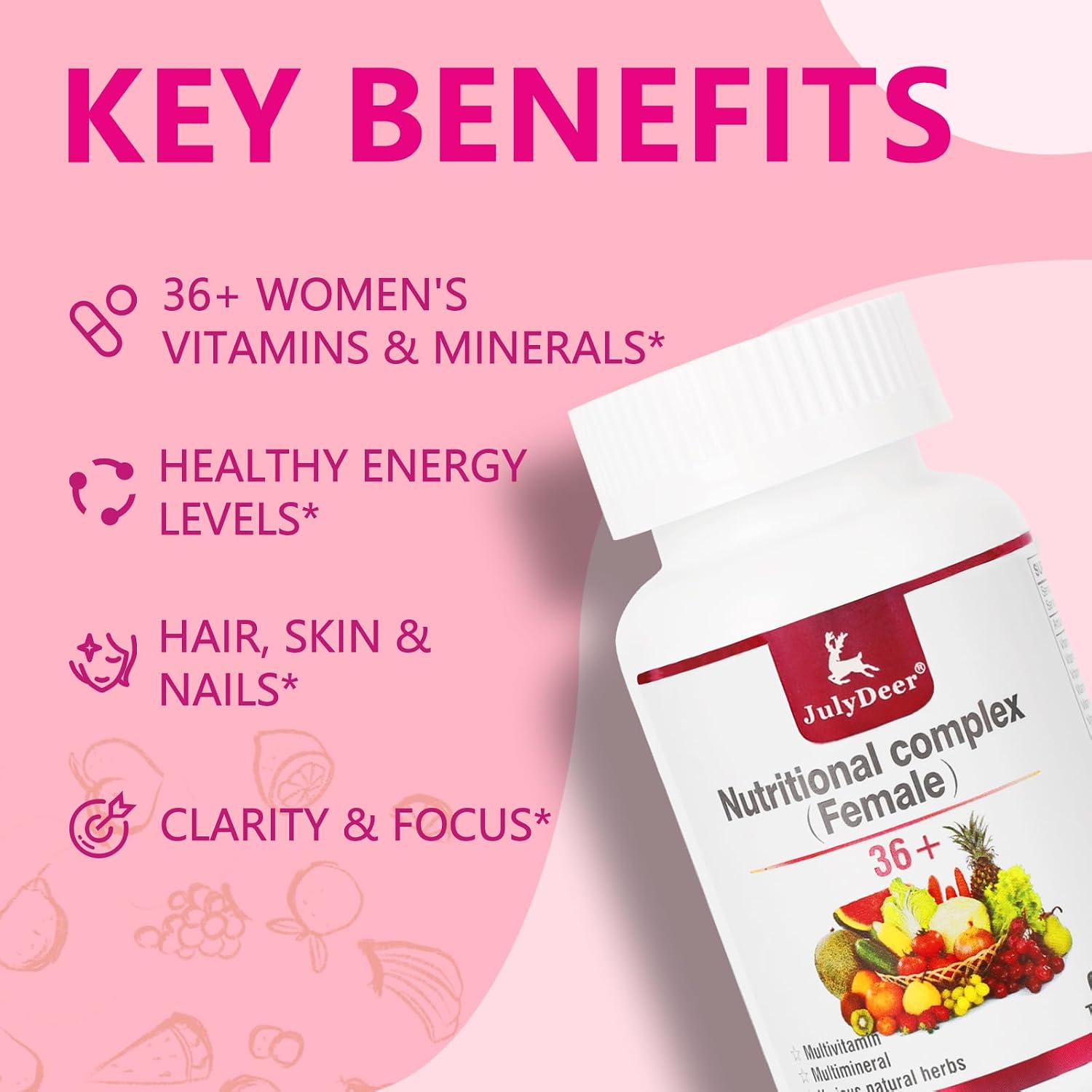 JulyDeer Multivitamínico Diario para Mujeres - Complejo Multimineral y Multivitamínico con Vitaminas A, C, D, E y Complejo B, Zinc y Más - 60 Comprimidos